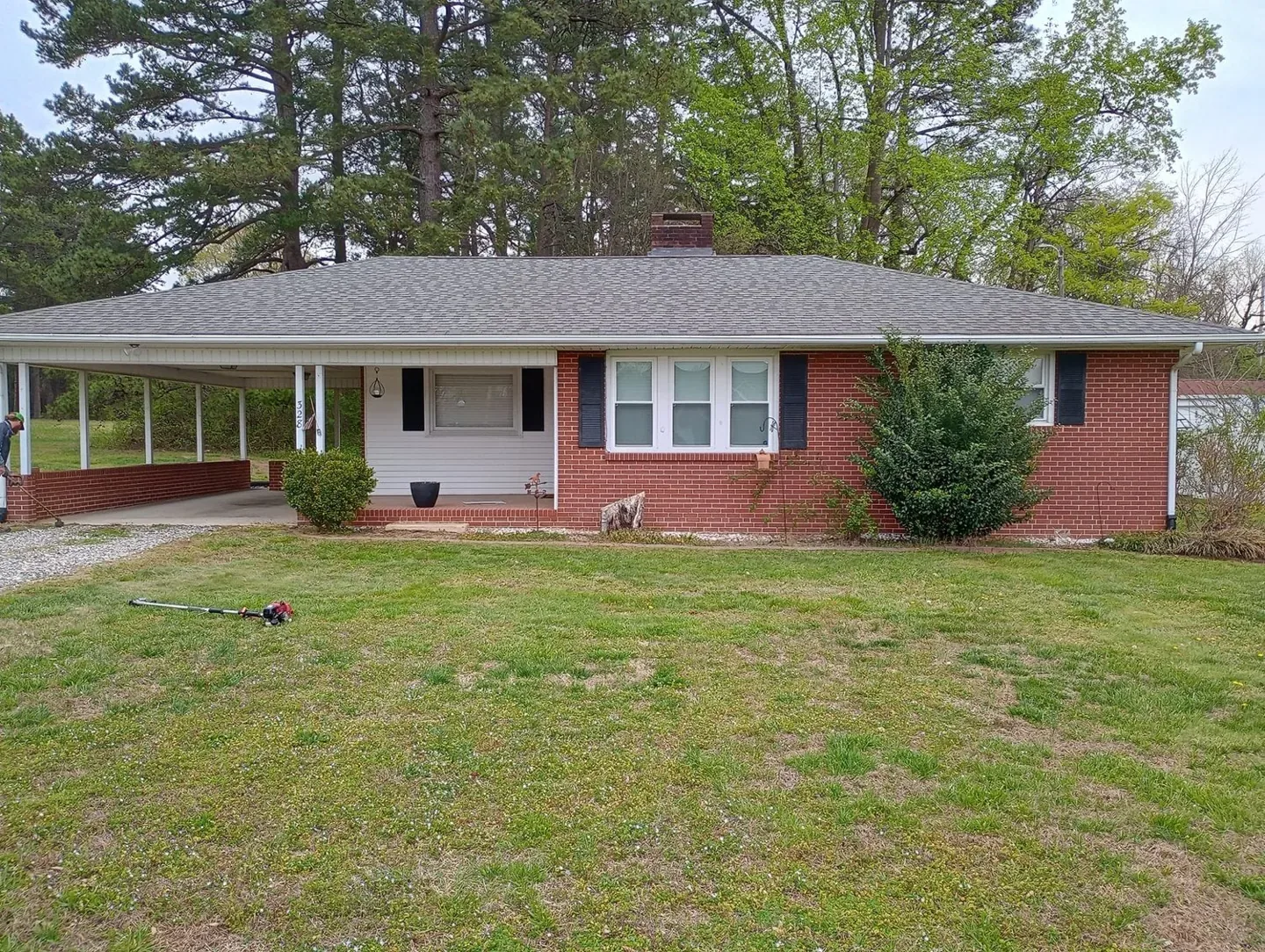 Brick home with untrimmed shrubs before landscape maintenance.