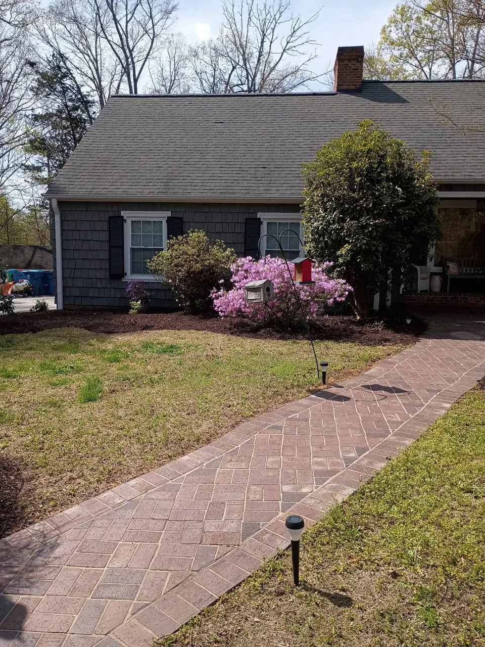 Fresh mulch around flowering shrubs beside a brick garden path.